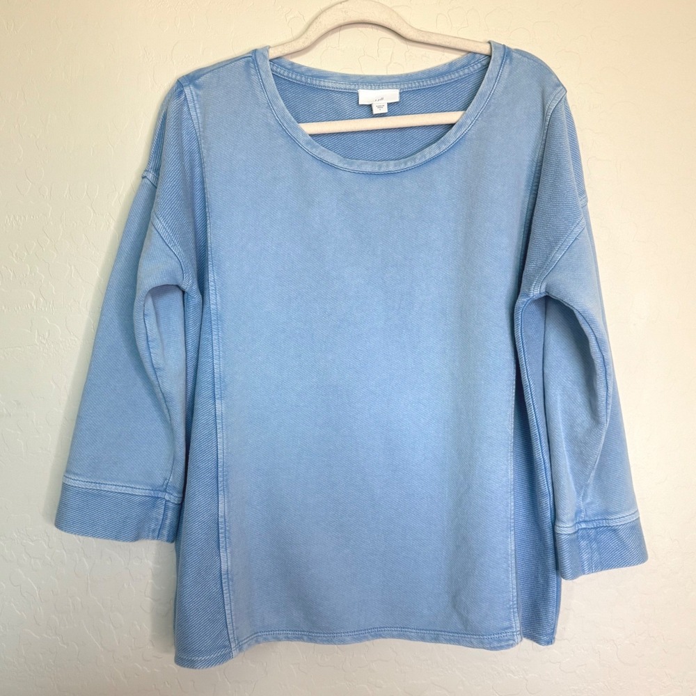 J. Jill Womens 100% Cotton Sweatshirt L Blue 3/4 Sleeve Acid Wash Boho Relaxed